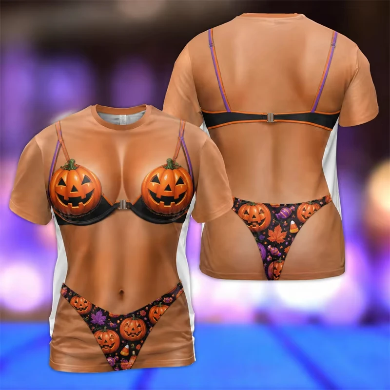 Unisex Halloween 3D Fake Bikini Body Print T‑Shirt, Funny Illusion Tee Pumpkin Witch Bat Party Novelty Tops for Men Women