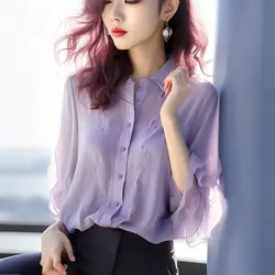 Spring Autumn 2024 New Fashion Patchwork Chiffon Shirts Ladies Fashionable Ruffles Turn-down Collar Buttons Blouse Women Clothes