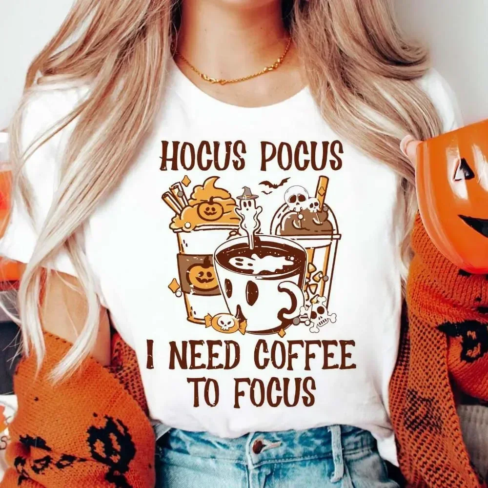 Hocus Pocus I Need Coffee To Focus Cartoon Print Fun Pattern New Halloween O-Neck Fashion Trendy Style Letnia koszulka damska