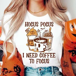 Hocus Pocus I Need Coffee To Focus Cartoon Print Fun Pattern New Halloween O-Neck Fashion Trendy Style Letnia koszulka damska