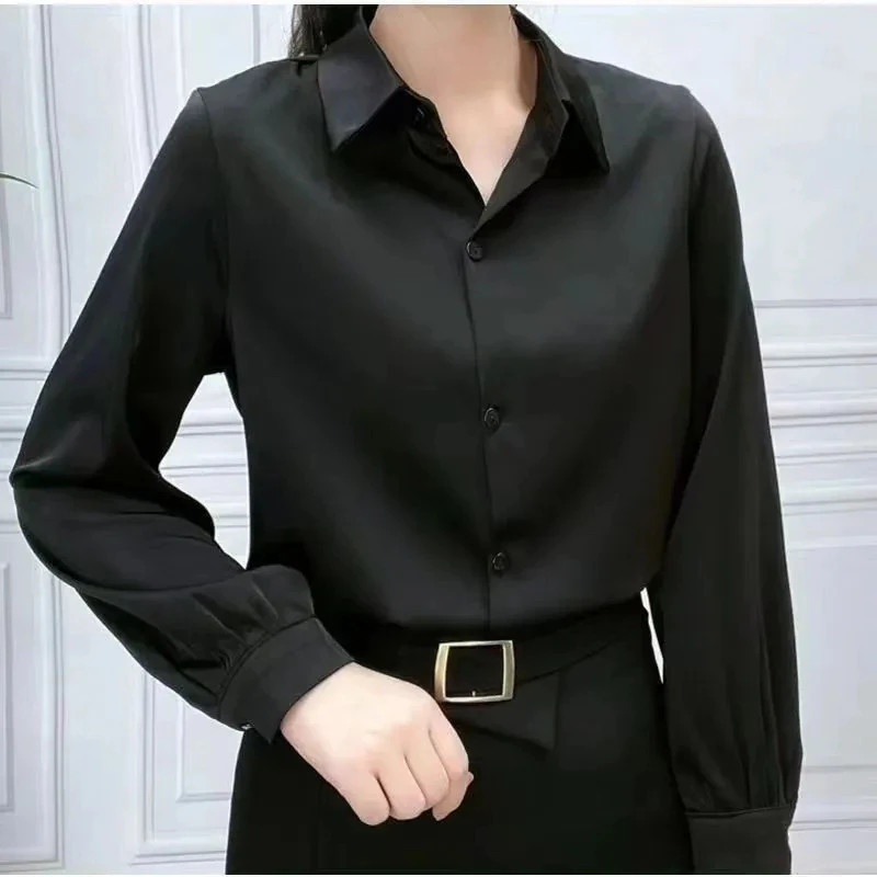 Silk Satin Women's Shirt Fashionable Loose Fit Long Sleeve  Collar Premium Feel Elegant Top for Autumn 2023