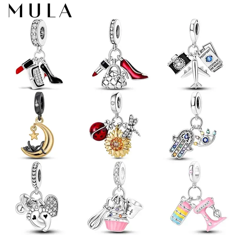 MULA 1PC Silver Plated Dangle Charms Lipstick Plane Insect Pendants Fit Original Bracelet Beads DIY Fashion Jewelry