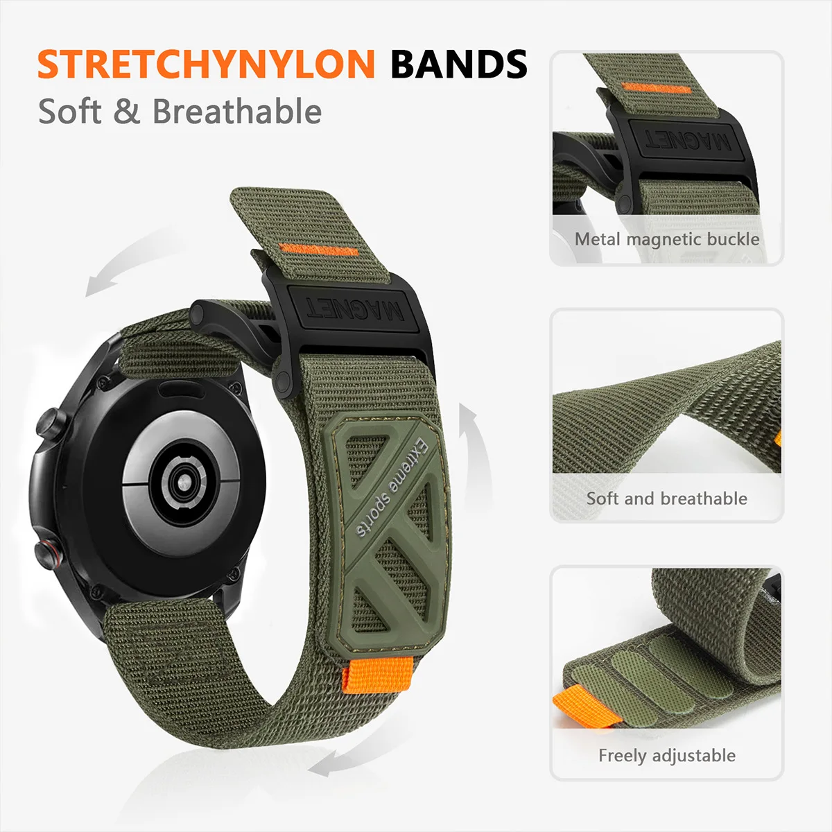 20 มม.22 มม.ไนลอนแม่เหล็กสําหรับ Samsung Galaxy นาฬิกา 7 6 5 4 40/44 มม.6 CLASSIC สร้อยข้อมือสําหรับ Huawei Watch5 GT5 4Pro 3 46 มม.