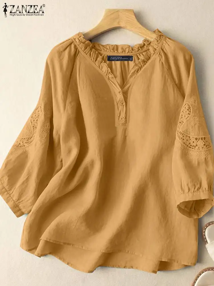 2024 ZANZEA Summer Blouse Women Elegant 3/4 Lace Crochet Shirt Vintage Solid Work OL Blusas Femininas Tunic Tops Mujer Oversize