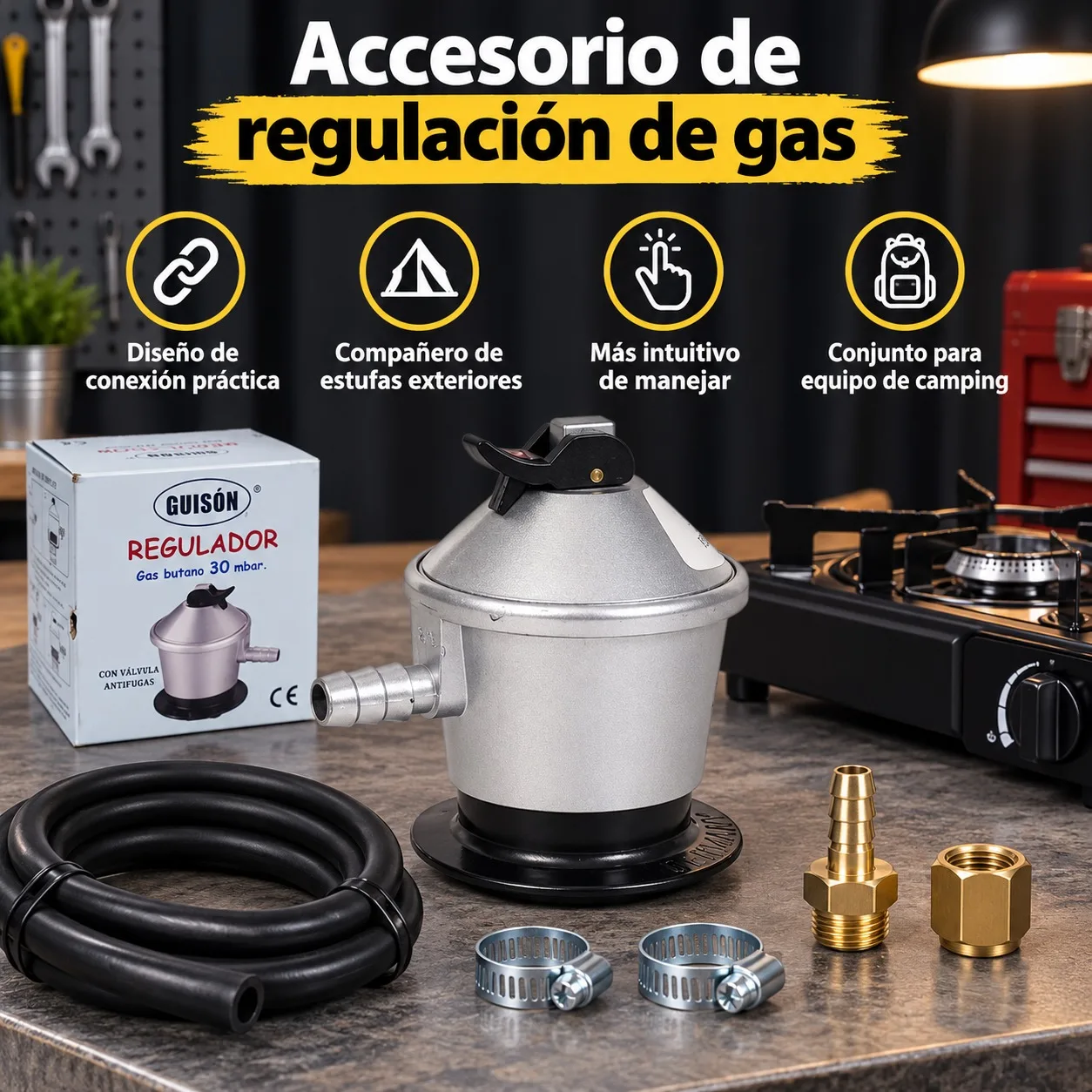 Regulador de Gas Butano de 30 mbar para Camping y Exterior, Cuerpo de Aluminio Resistente, Conector de 10.00 x 7.50 cm para Estufas Portátiles, Barbacoas y Cocinas de Autocaravana