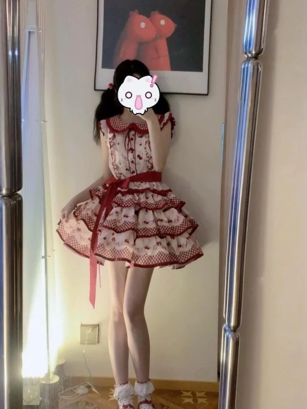 صيف جديد الحلو لوليتا طباعة عقدة منقوشة دمية طوق الدكتور الخصر Cinched رقيق تنورة Princ Sle ort Dr #3