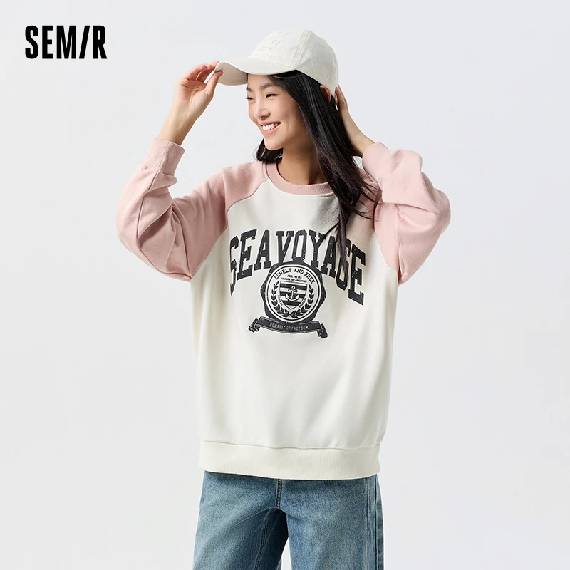 Semir Hoodie Women Mid-length and Long Loose Color-blocked Raglan-sleeved Spring Printed Top Vintage Trendy and Cool Style