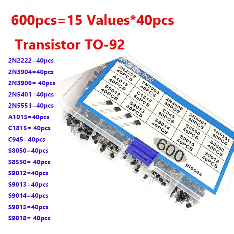 TO-92 Transistor Assortment  Kit 30-160V 50-1000mA NPN PNP 2N2222 2N5551 S9014 C945 S9018 S8050 600pcs 15ValuesX40PCS