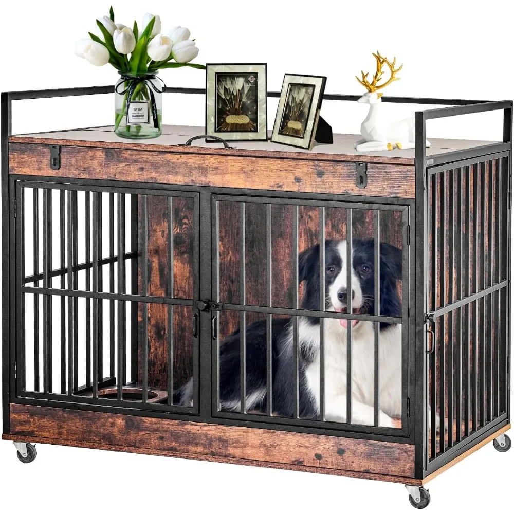 

Redlife Large Furniture Style Dog Crate, Heavy Duty Pet Cage for High Anxiety Dogs with 3 Doors, Wheels, Feeder Bowls, Indoor Mo