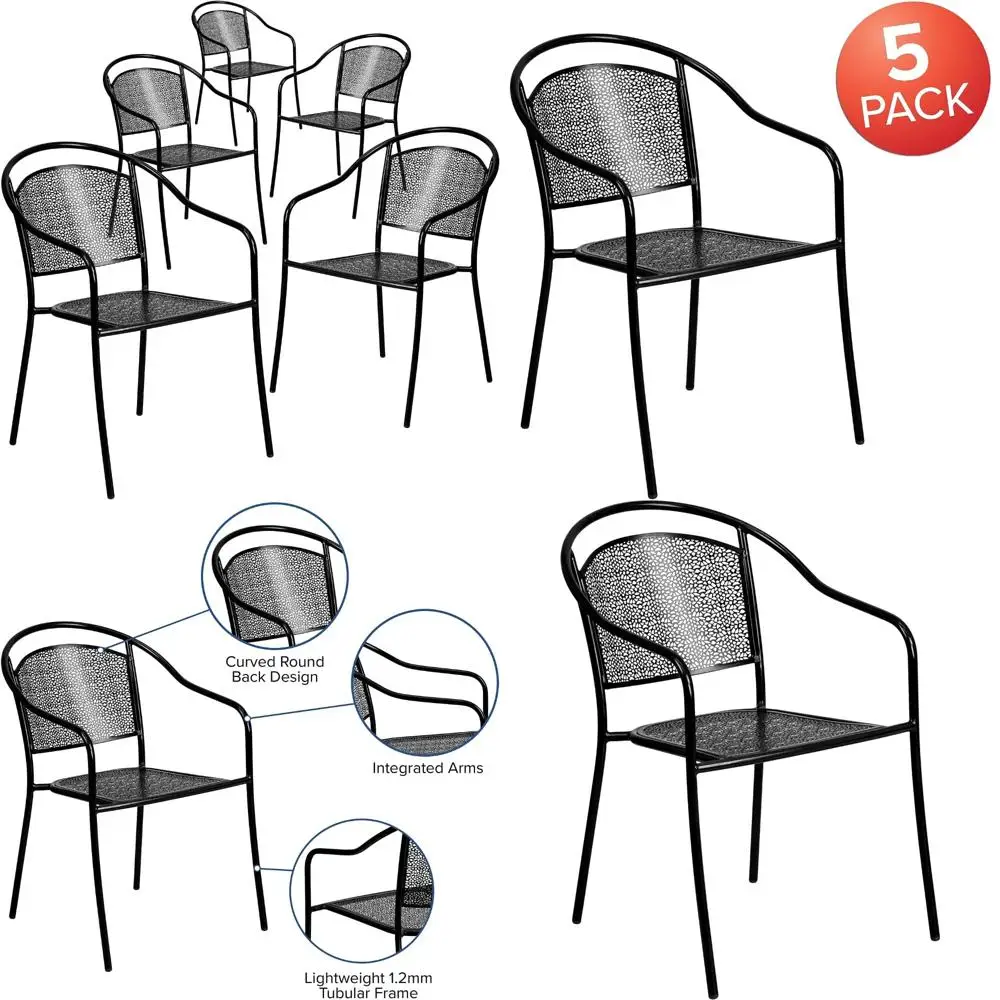 

Black Steel Patio Arm Chair, Commercial Grade, Indoor-Outdoor Use, Round Back