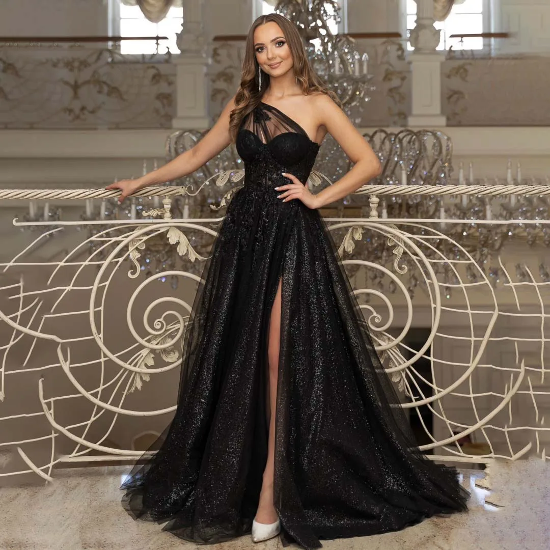 우아한 아플리케 장식 원숄더 프롬 드레스 튤 글리터 하이 슬릿 롱 드레스 생일 파티 공주 드레스 크리스마스 이브닝 드레스