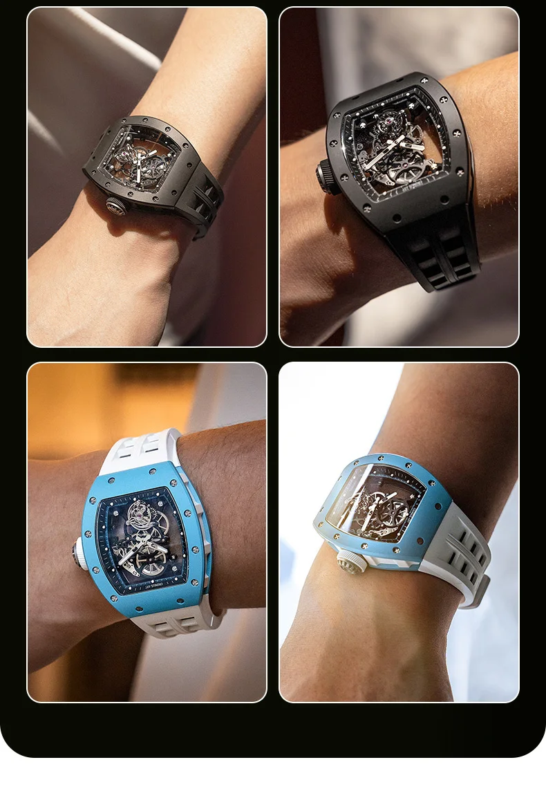 CRONUSART Männer Tourbillon Uhr Tonneau Mechanische Armbanduhr 5Bar Keramik Gehäuse Leucht Fluororubber Strap Saphir Spiegel