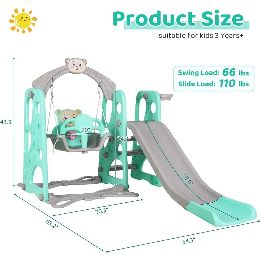Glijbaan en schommelset voor peuters 4-in-1 Play Climber Slide Speelset met balhoepel Extra lange glijbaan Extra bal Babyschommel voor binnen en buiten