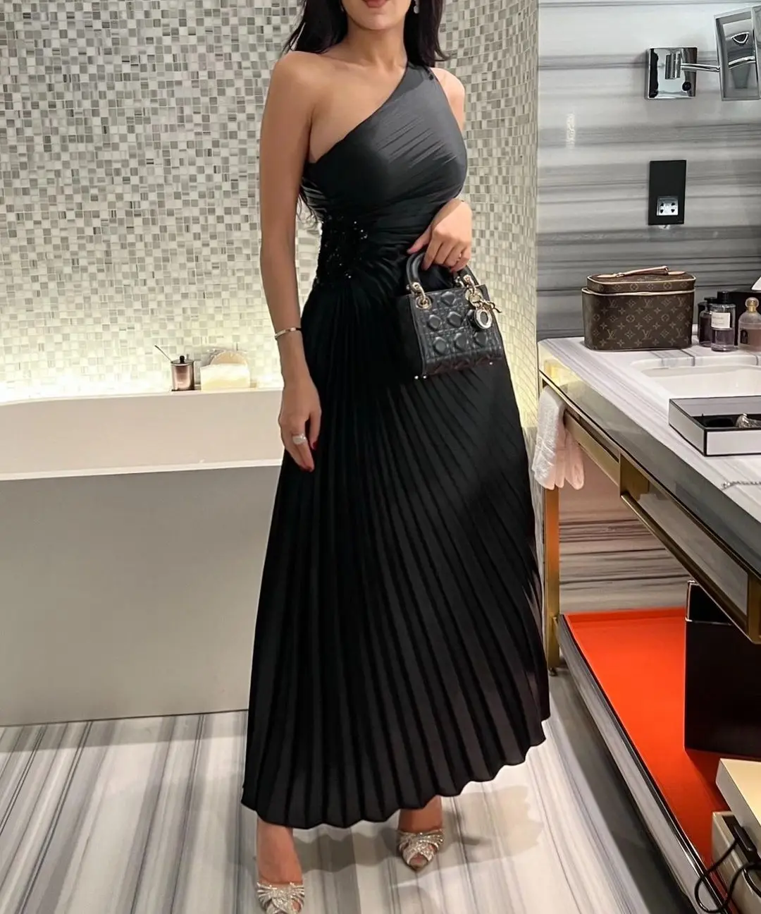 Sapmae One-shoulder Sleeveless Black Sheath Tea-length Zipper Up Simple Prom Evenning Cocktail Formal Dress For Women In 2024