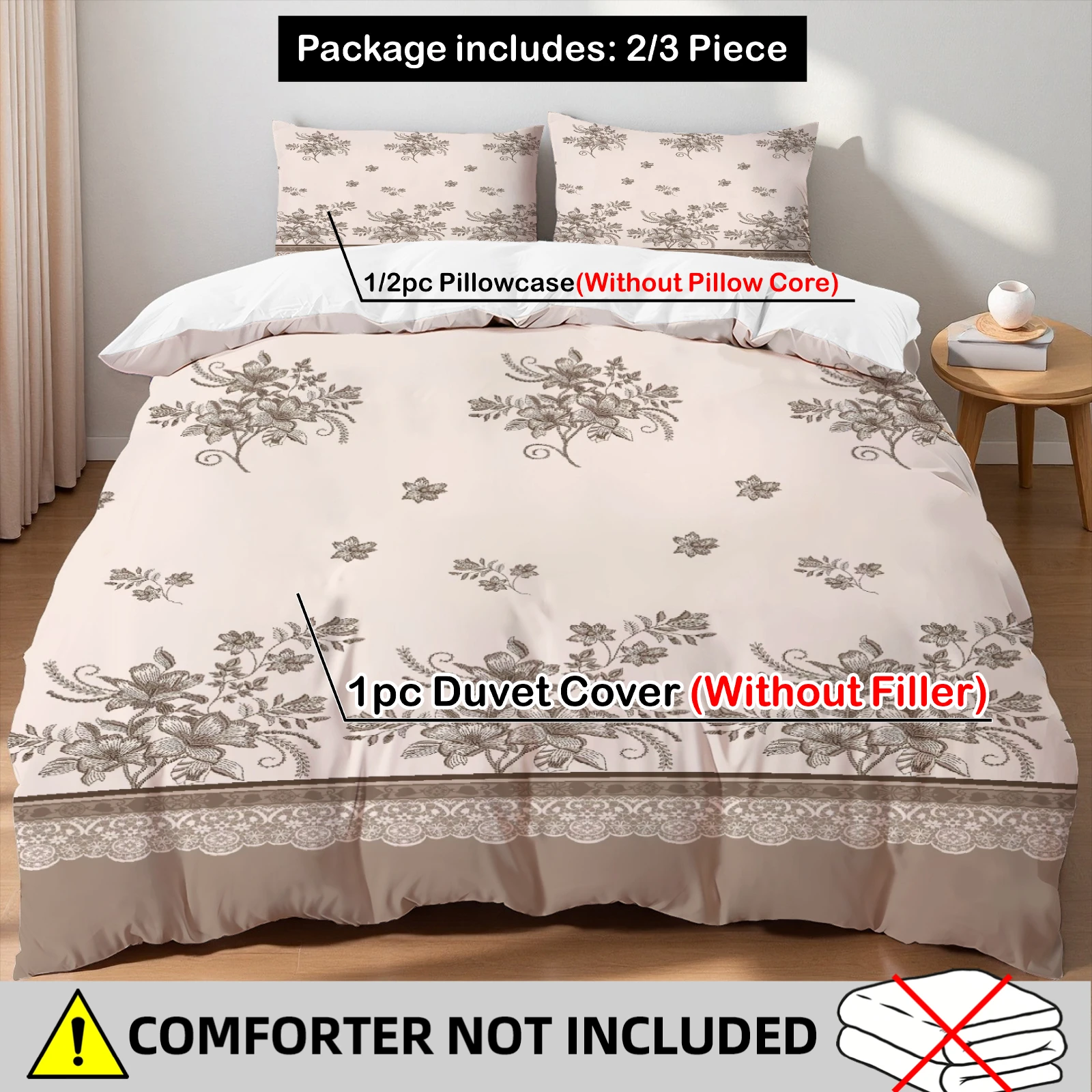 Vintage Blumen-Bettwäsche-Set 3-teilig Braun Beige Spitzenmuster Bettwäsche 2 Kissenbezüge Ohne Bettdecke Ohne Laken Einzelbett Doppelbett Queen King