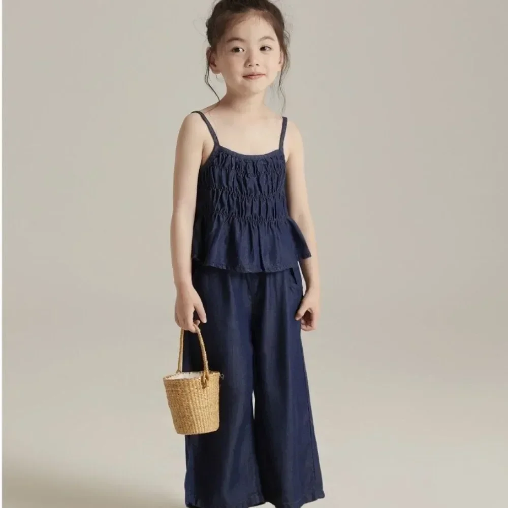 Summer Girl Suit Solid Color Halter Top Wide Leg Pants 2 Clothes 3-7 Years Old Japanese and South Korean Style Casual Wear