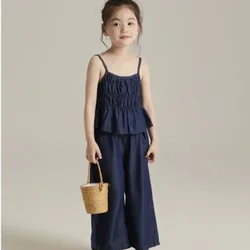 Summer Girl Suit Solid Color Halter Top Wide Leg Pants 2 Clothes 3-7 Years Old Japanese and South Korean Style Casual Wear