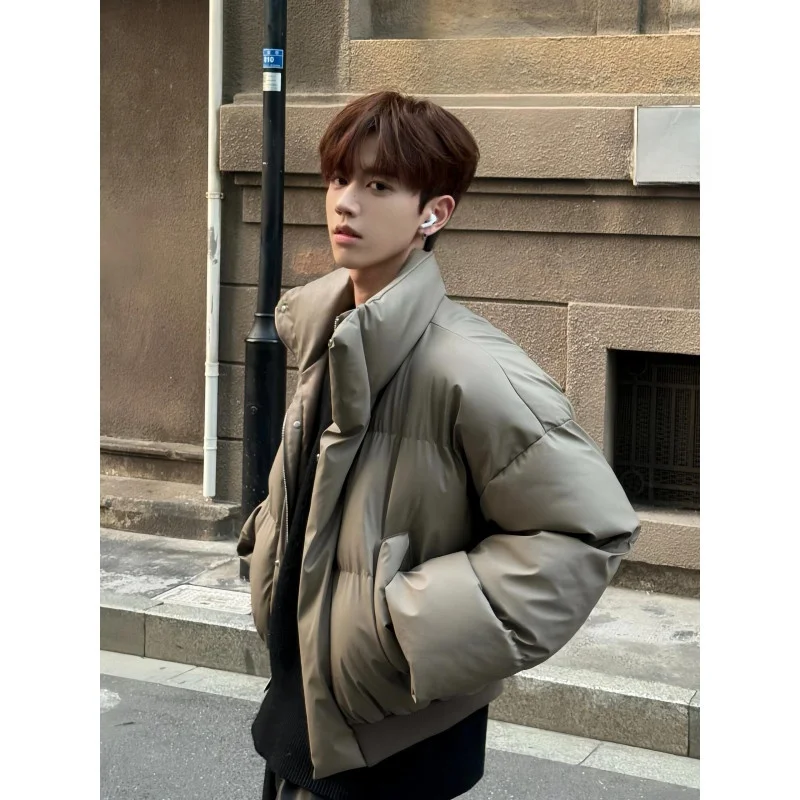 

American Retro Stand Collar down Jaet Men's Winter Thi Warm ort Trendy Design PU Leather Bread Sle Cotton Coat