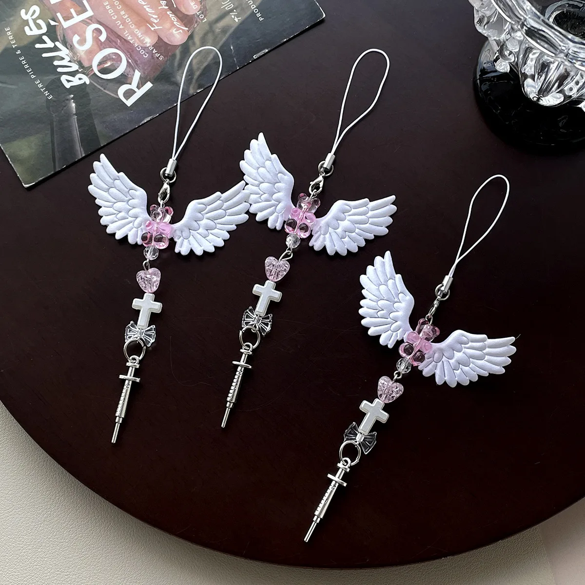 

Y2K Gothic Angel Wing Phone Charm Pink Bear Heart Cross Pendant Aesthetic Edgy Hanging Decoration for Mobile Phones Keychains