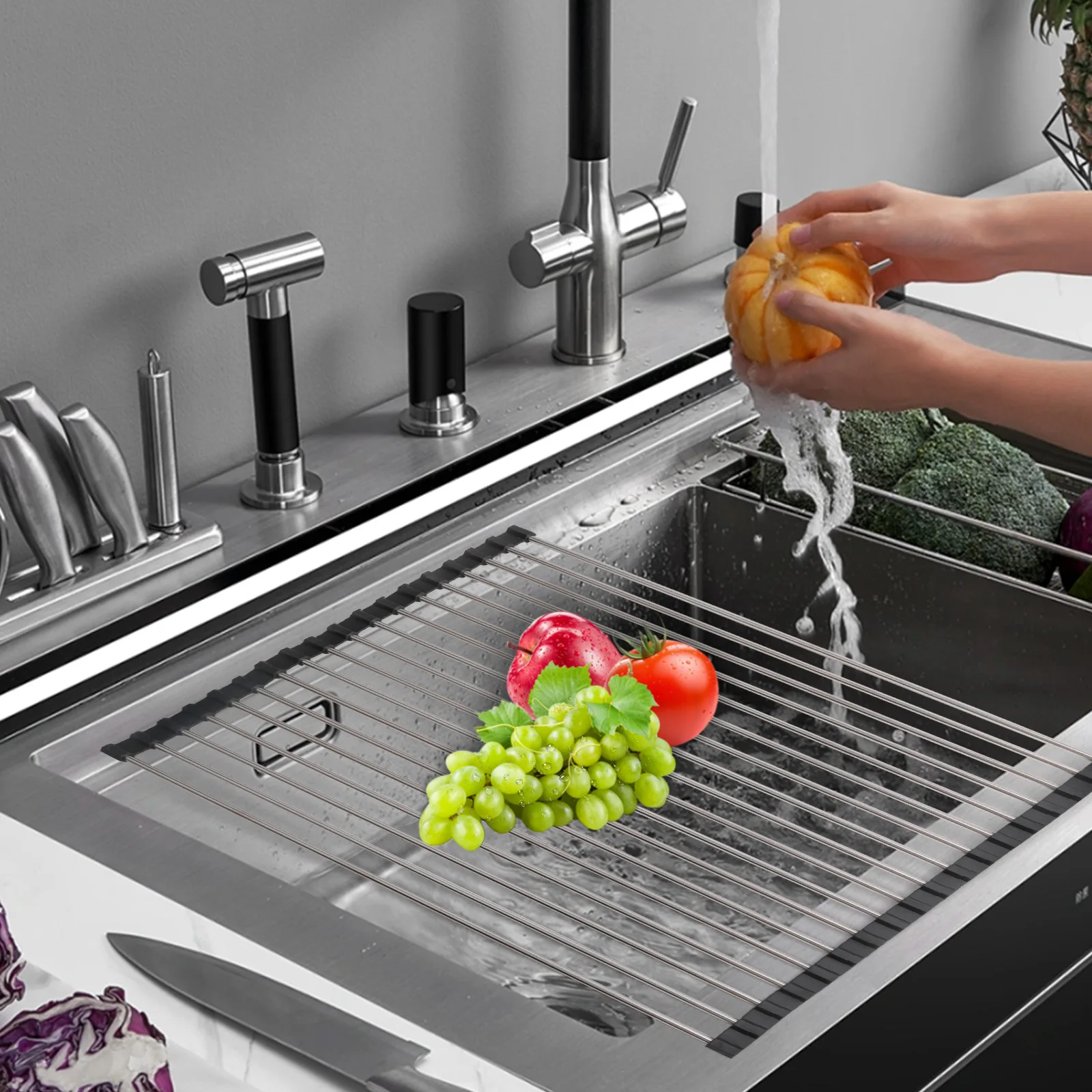Obsthalter, Spüle, Rolle, faltbar, für die Küche, Geschirr, Wäscheständer, Edelstahl, Schüssel, Organizer, Korb, Racks, 18-Röhren, Wohnaccessoires