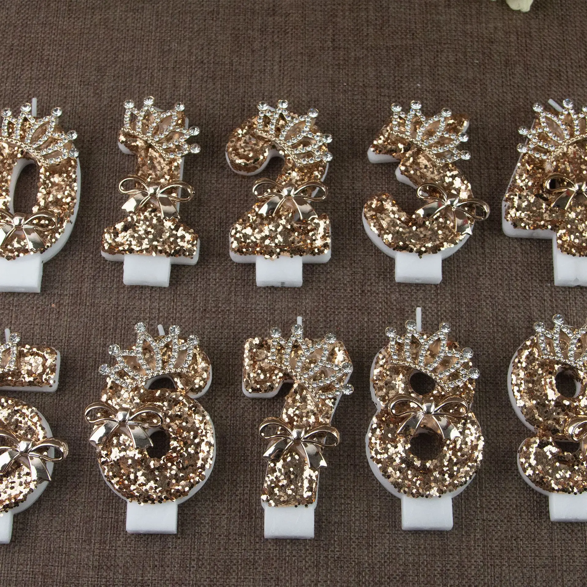 Golden Shining Digital Birthday Candle Crystal Crown Bow Cake Top Cover