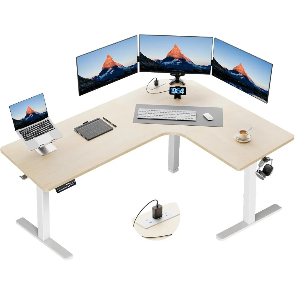 

63″ Dual Motor L-Shaped Standing Desk, Built-in Power Outlets, Electric Height Adjustable Corner Computer Desk, Large Power Str