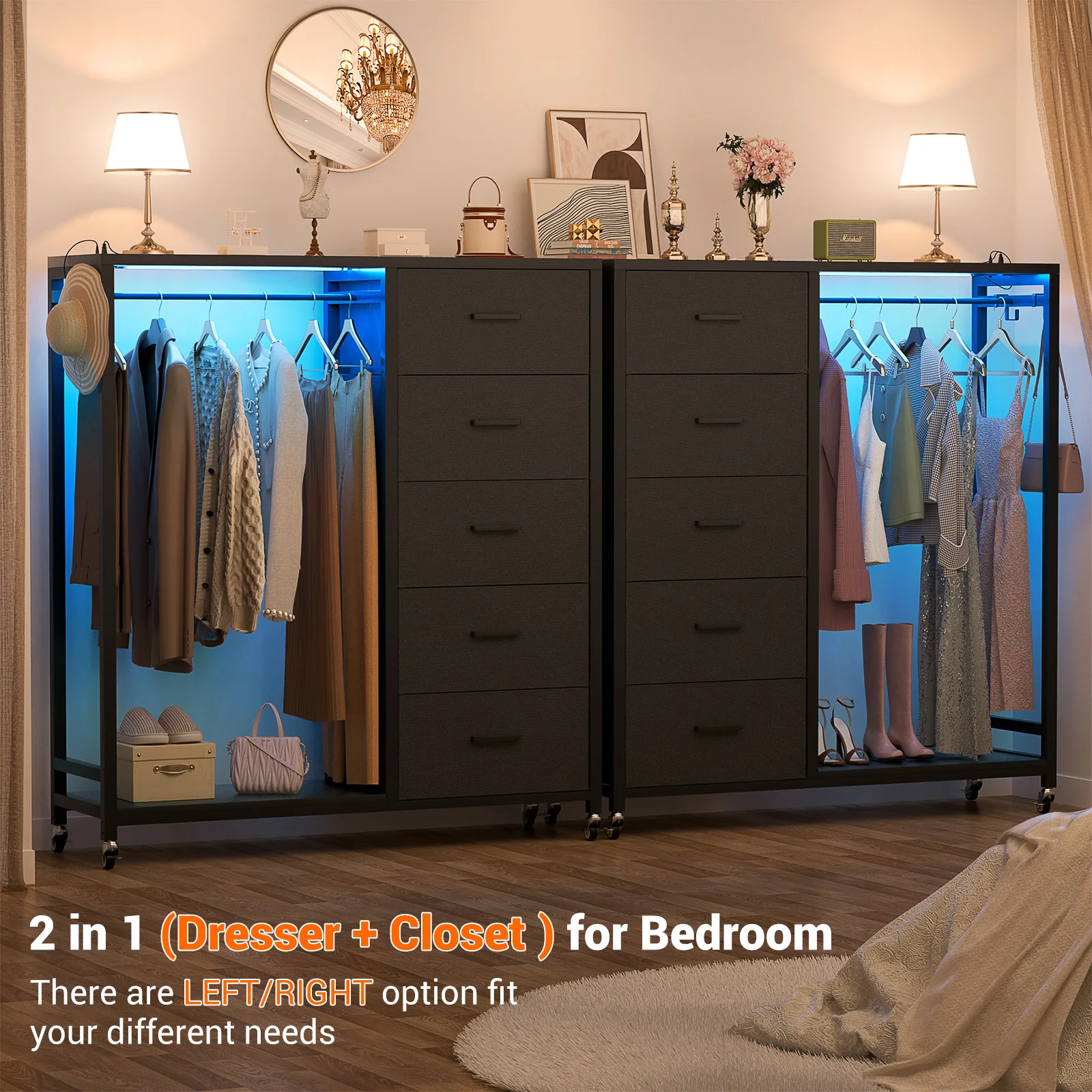 Aheaplus 5 Drawer Dresser with Hanging Rack, Fabric Dresser with Clothes Rack & Charging Station, Wooden Top Storage Chest with LED Lights & Lockable Wheels, Reversible for Bedroom Entryway – Black - view 7