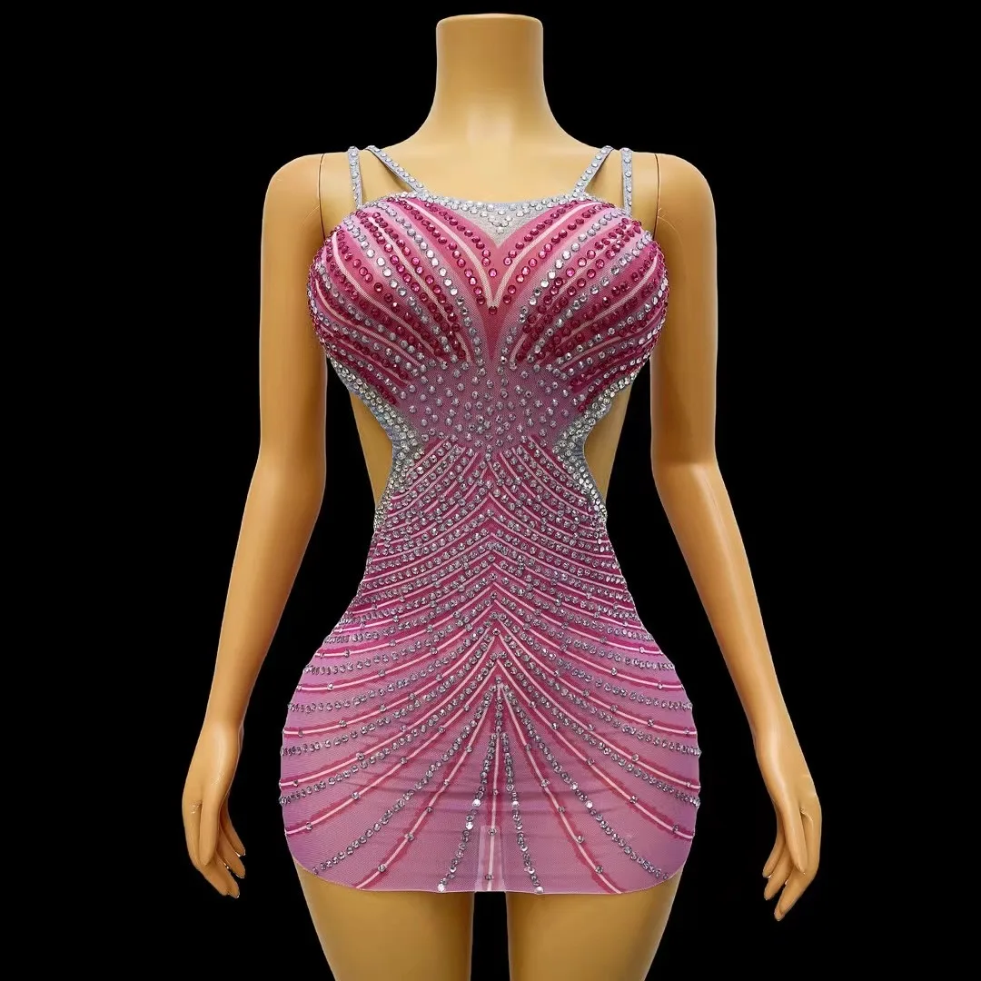 

Summer Backless Women Evening CelebriateBirthday Dress Nightclub Outfit Show StageWear Sexy Sparkly Rhinestones Short Dress C083