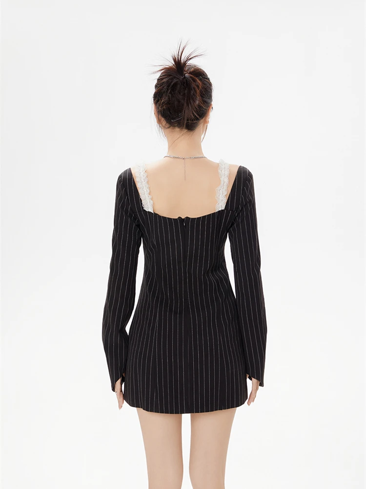 CHEERART Bow Lace Square Neck Cute Mini Dress For Women Fall 2023 Black Striped A Line Backless Kawaii Long Sleeve Dress Clothes