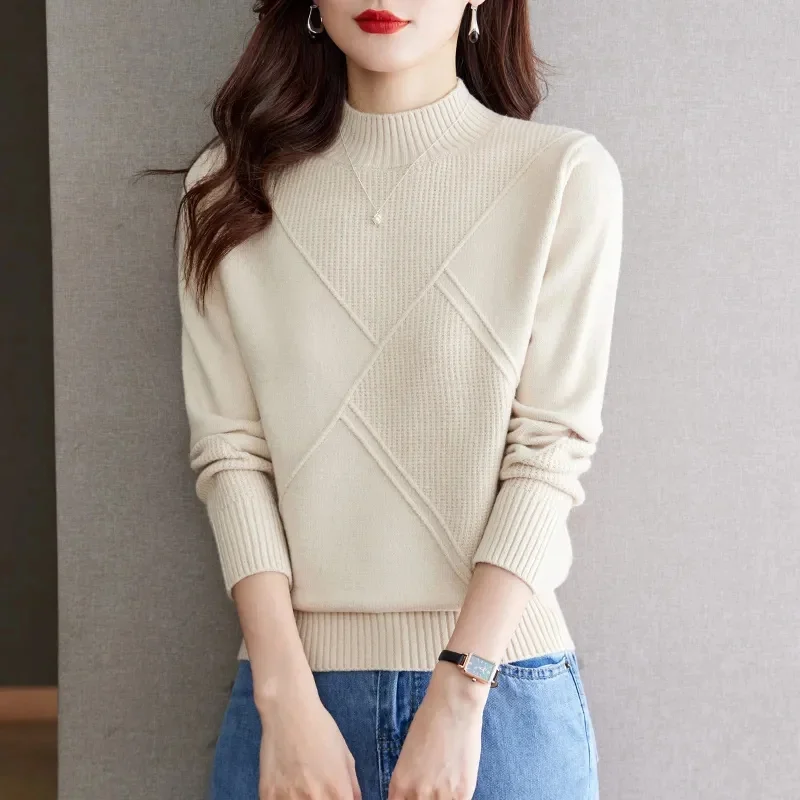 2024 Women Solid Half High Collar Cashmere Sweater Autumn Winter Loose Plus-Size Knitted Wool Casual Sweater Bottoming Shirt