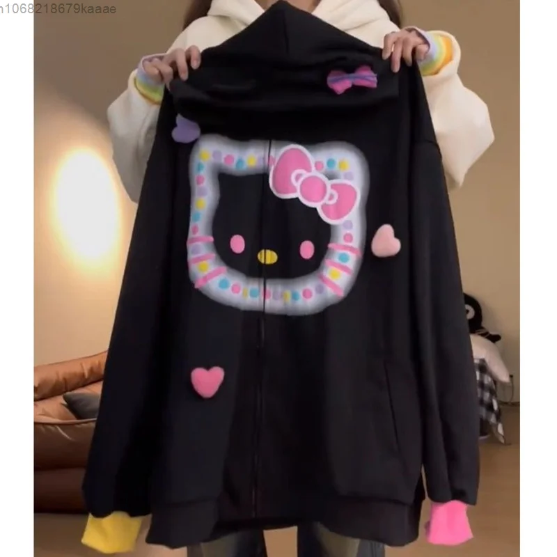 Hello Kitty Women Autumn New Fashion Print Hooded Cardigan Cute Sweet Y2k Girl Hoodie College Style Loose Versatile Zipper Coat