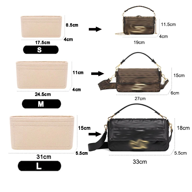 Fits For FF BAGUETTE19 26 33 Flap Felt Cloth Insert Bag Organizer Makeup Handbag Travel Inner Purse Cosmetic Toiletry Bags