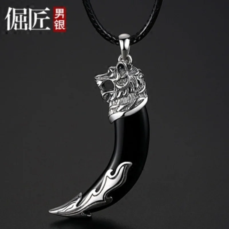 990Pure Silver Wolf Tooth Pendant Men's necklace Sterling Silver Pendant Domineering Black Leather Rope Lanyard Pendant with Lon