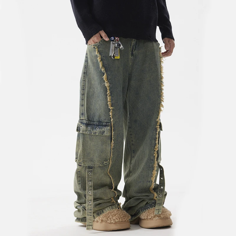 PFNW Dyed Worn-out Rough Selvedge Multiple Pockets Jeans Male American Washed Loose Chic Straight Wide Leg Trousers New 28W4404