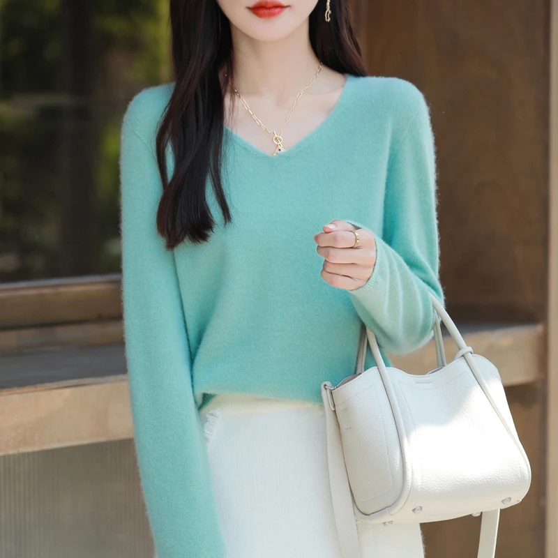 100% Merino wool autumn-winter new women's sweater V-neck jumper CHIC sense knitted warm base top