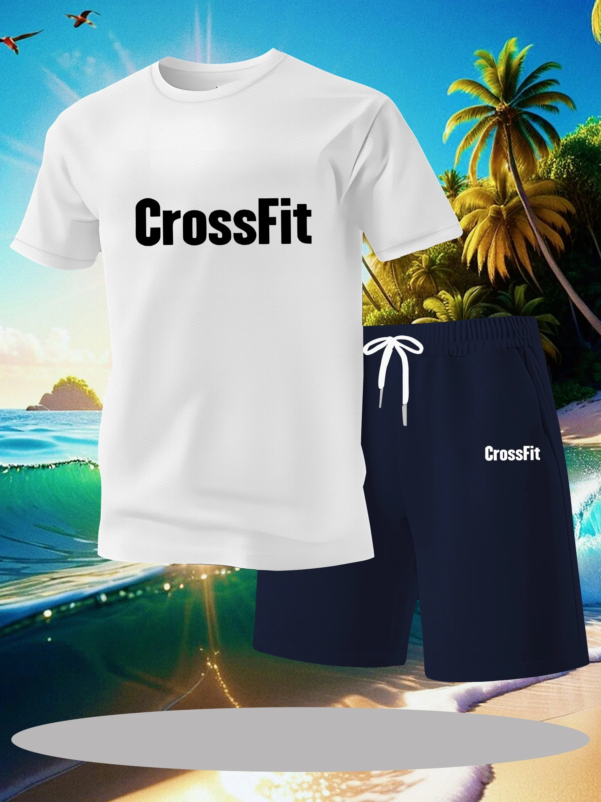 

Summer fashion quick breathable men's round neck short sleeved top+shorts two-piece set