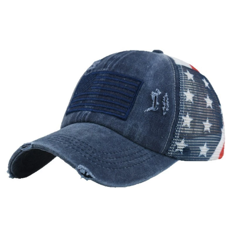 

2pcs Unisex Washed Cotton Baseball Cap with Ponytail Hole Distressed Star American Flag Patch Curved Brim Trucker Hat Women Men