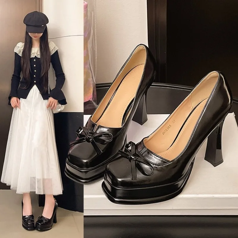 

New Platform Thick Heel Women Mary Jane Shoes Fashion Butterfly-knot Slip On Shoes Ladies Outdoor Dress Pumps Plus Size 41 42