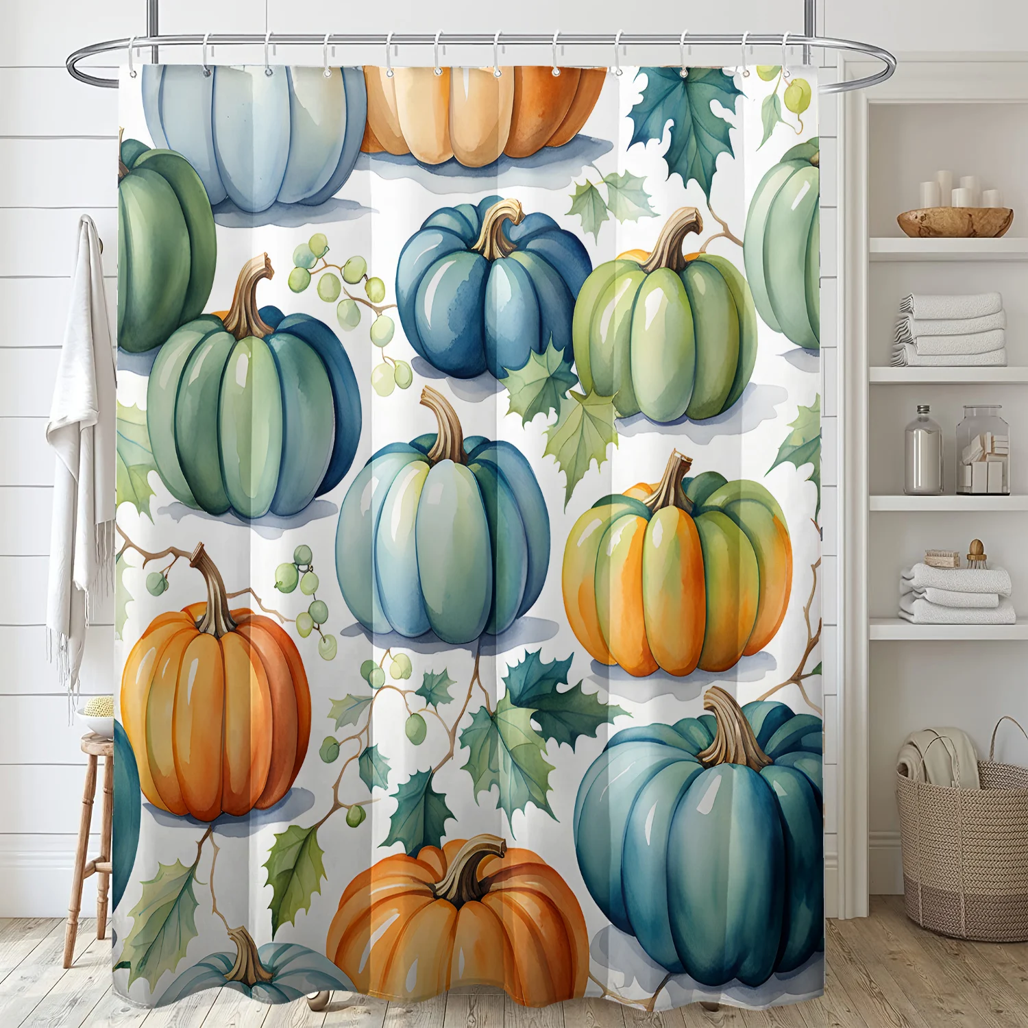 1 piece of blue-green pumpkin shower curtain with plastic hook, cartoon autumn style printed bathroom partition curtain