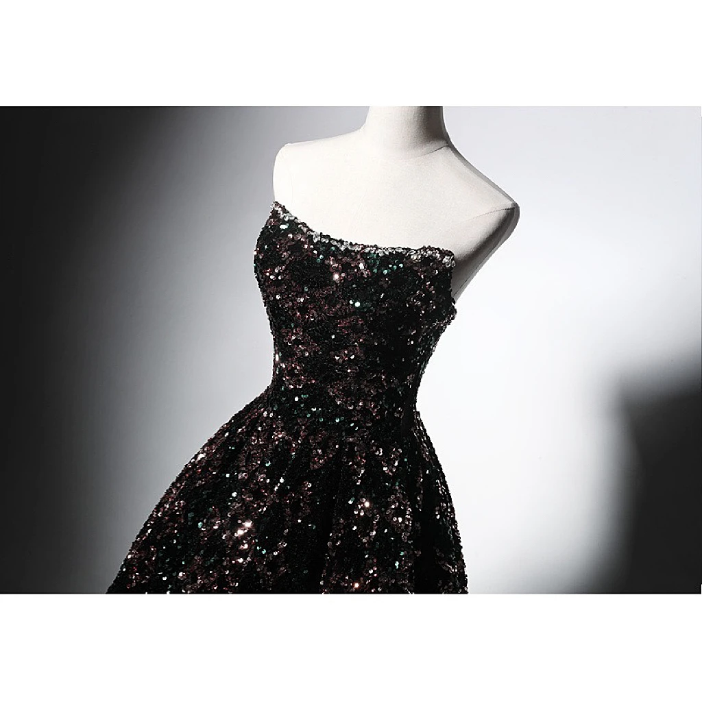 Vestido de noche negro brillante sin tirantes, vestidos de lentejuelas de lujo, línea A, longitud hasta el suelo, fiesta de boda, banquete, baile de graduación, 2023