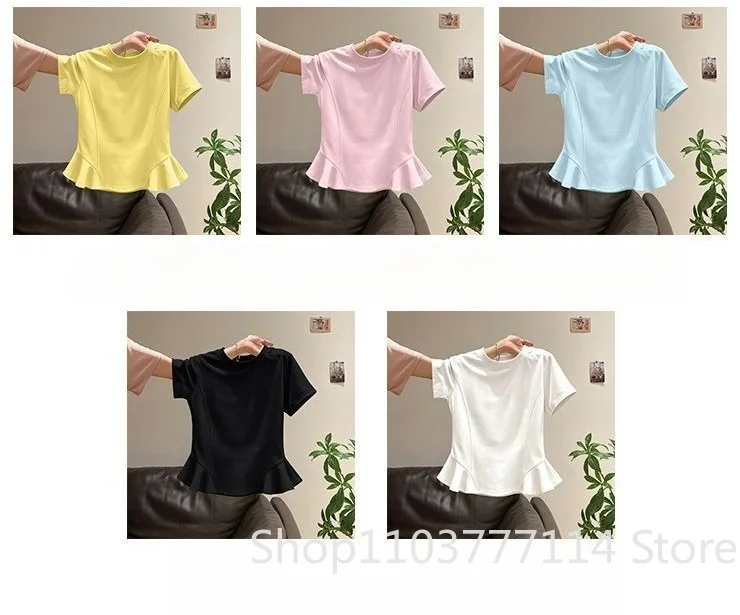 Sommerliches Damen-T-Shirt mit kurzen Ärmeln, einfarbig, lässige Kleidung, koreanische Version, schmal geschnitten, modisches Rundhals-Oberteil mit Rüschen – Detail 5