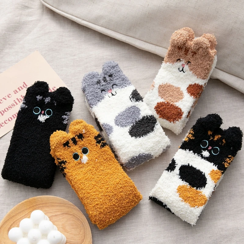 Women Funny Cartoon Animal Cat Paw Socks Winter Warm Fuzzy Socks Home Floor Sleeping Socks Fluffy Soft