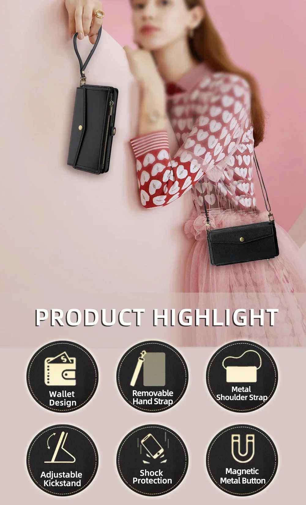 Reißverschluss PU-Leder Brieftasche Buchcover Handyhüllen für iPhone 16 16E 17 Air Pro Plus Max Flip Cover Multifunktionale Berging Bags – Detail 1
