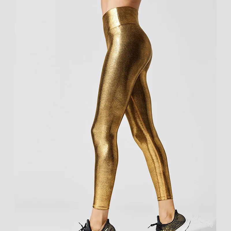 

2024 High Quality Luxury Women Leggings Bright Golden Silver Outer Wear Yoga Pants Waist European Style Bronzing Pencil Tight