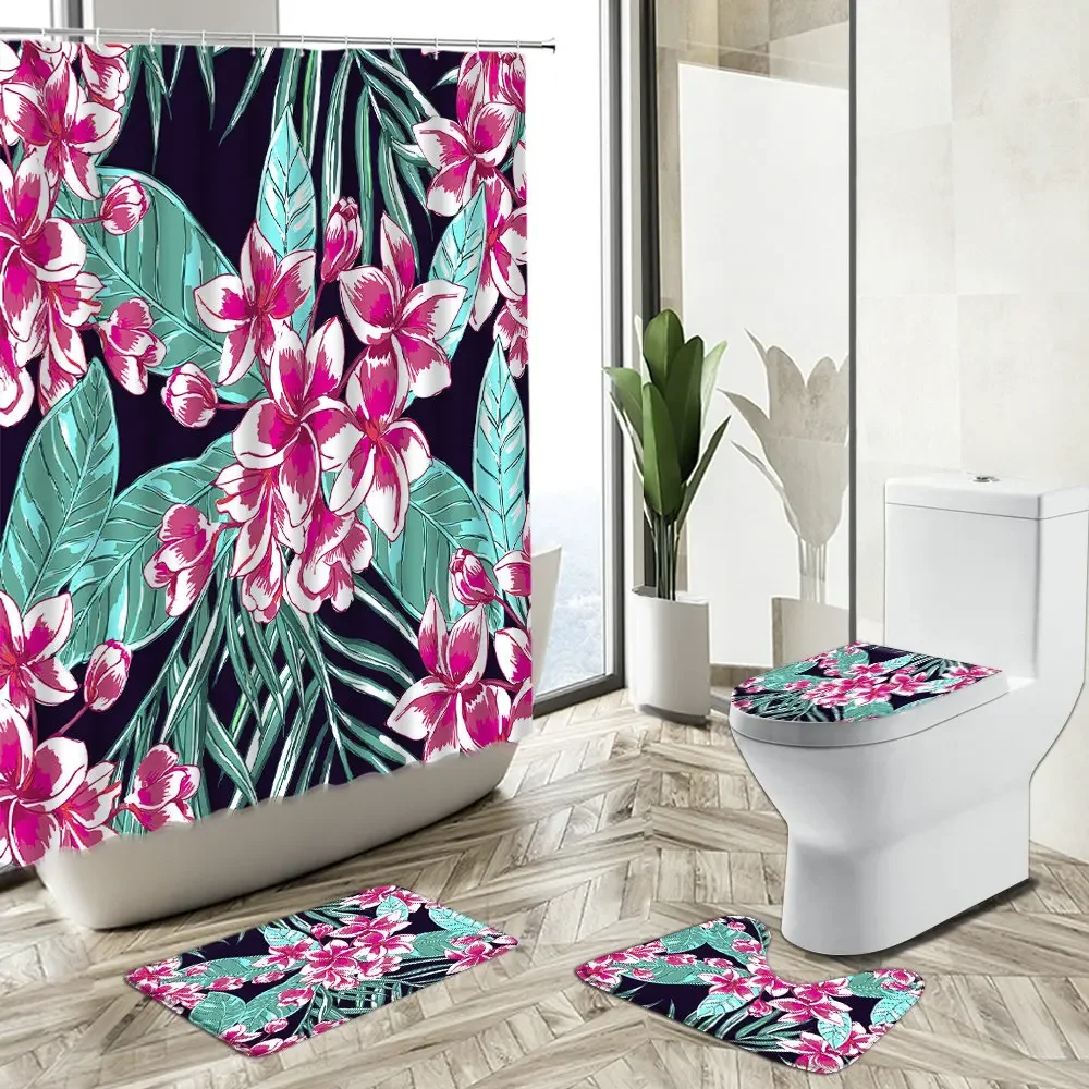 Tropical Plant Flower Shower Curtain Colorful Painting Bathroom Set Summer European Style Non-Slip Carpet Toilet Cover Floor Mat