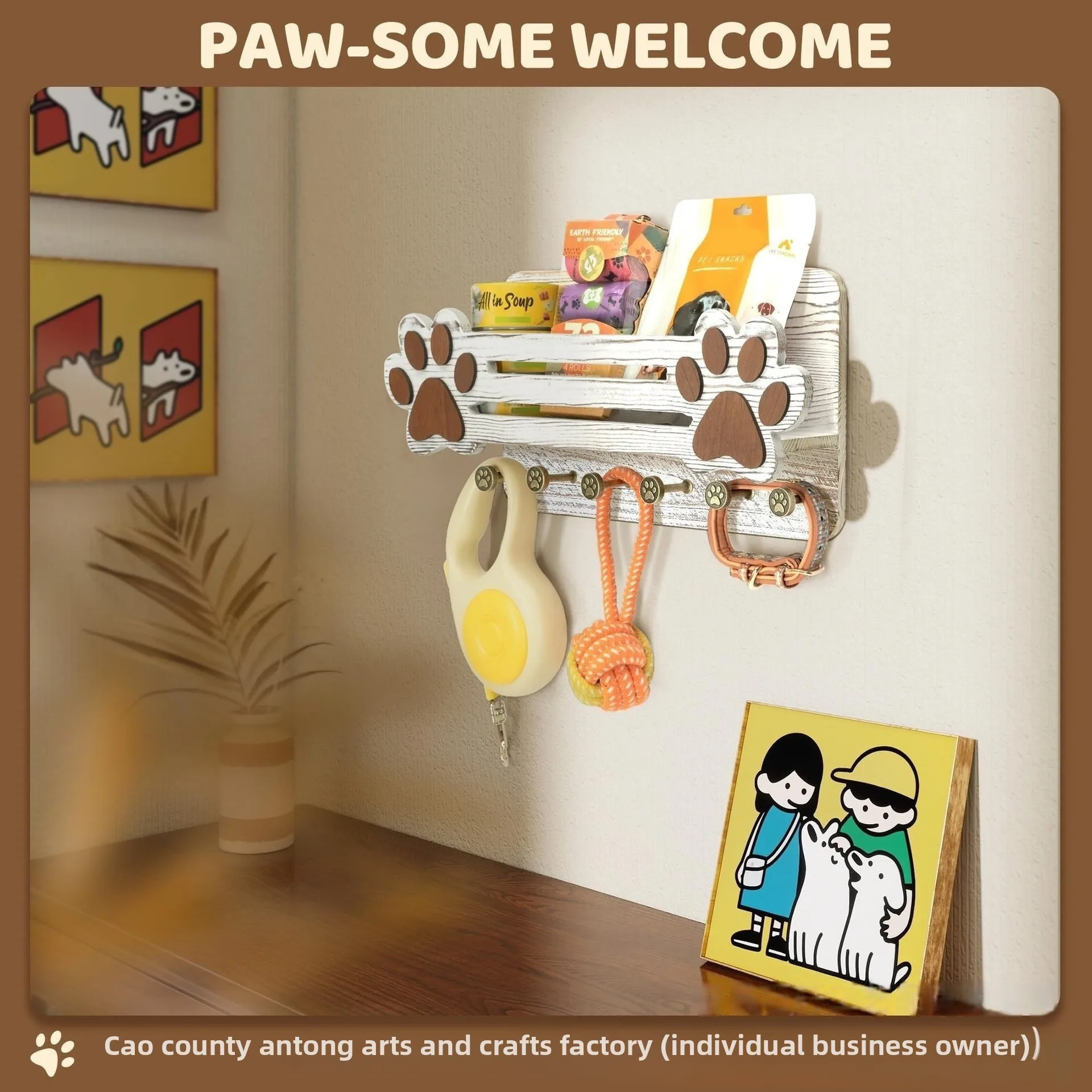 Wall Mounted Solid Wood Key Holder Bag Rack Dog Paw Entryway Organizer Two-Layer Screw Installation Bedroom Living Room Bathroom