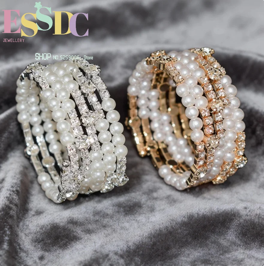 Pearl encrusted with diamonds and rhinestones wrapped around elastic open bracelets for women light luxury jewelry with