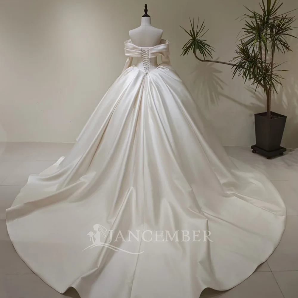 First-rate Satin Wedding Gown For Bride 2026 Ball Gown Boat Neck Chapel Train Long Sleeves Customized Vestido De Novia