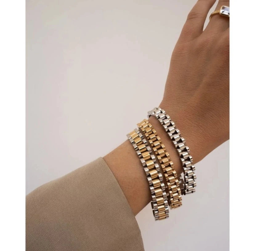 Titanium With 18 K Gold  Pave Watch Strap Statement Bracelet Women Stainless Steel Jewelry Chic Gown Japan South Korea Fashion