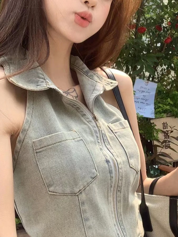 

Джинсовый топ-жилет с открытой спиной в корейском стиле, облегающий, с короткими бретелями, для женщин, летний дизайн Spicy Girl